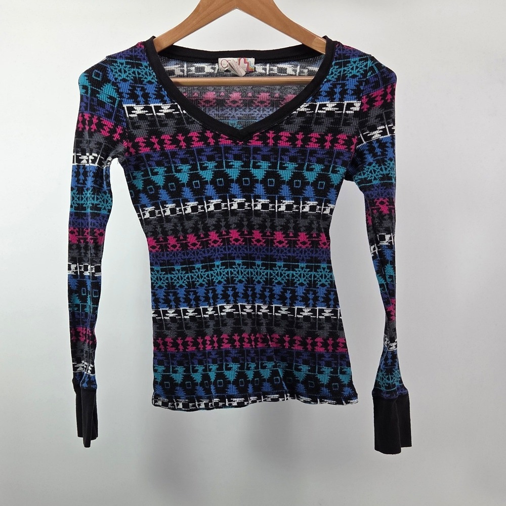 Y2K Op Ocean Pacific Thermal Top Women 7/9 Med Multi Color Aztec Geometric Indie